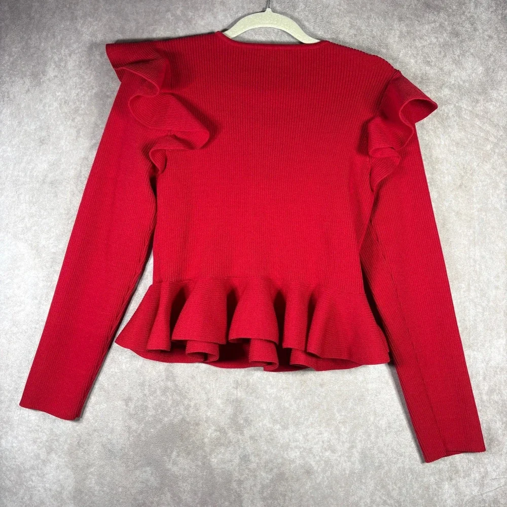 Express Ribbed Sweetheart Neckline Ruffle Peplum Sweater Womens XL Red Ruffle
